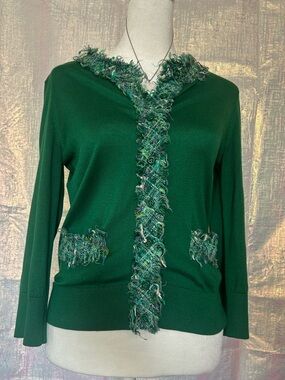kate spade Emerald Green Fringe-Trim Button Cardigan